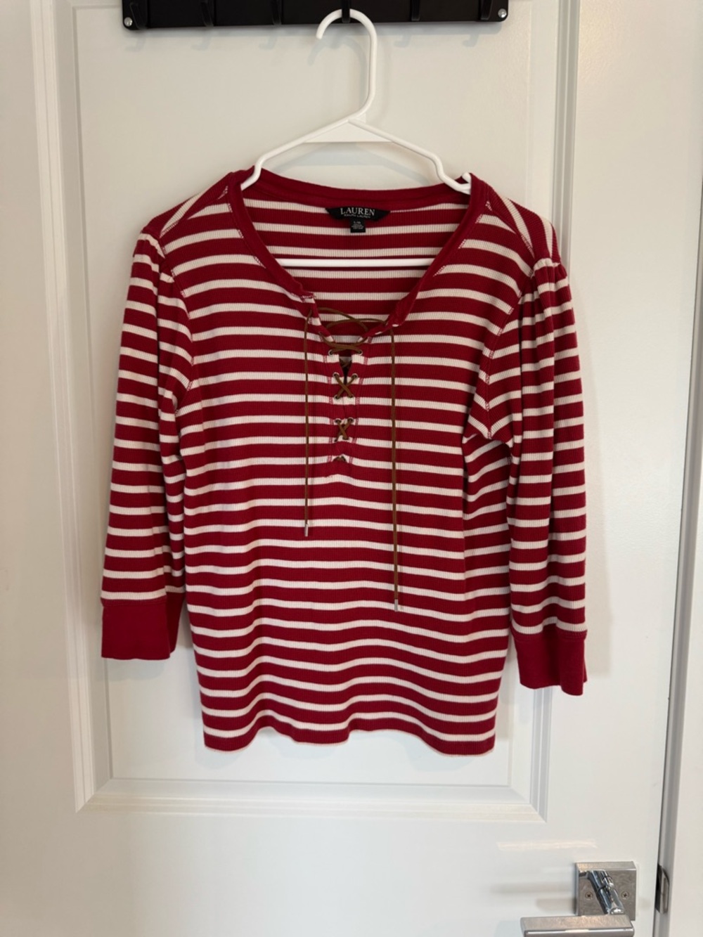 Ralph Lauren Red and White Striped Lace-Up Long Sleeve Top
